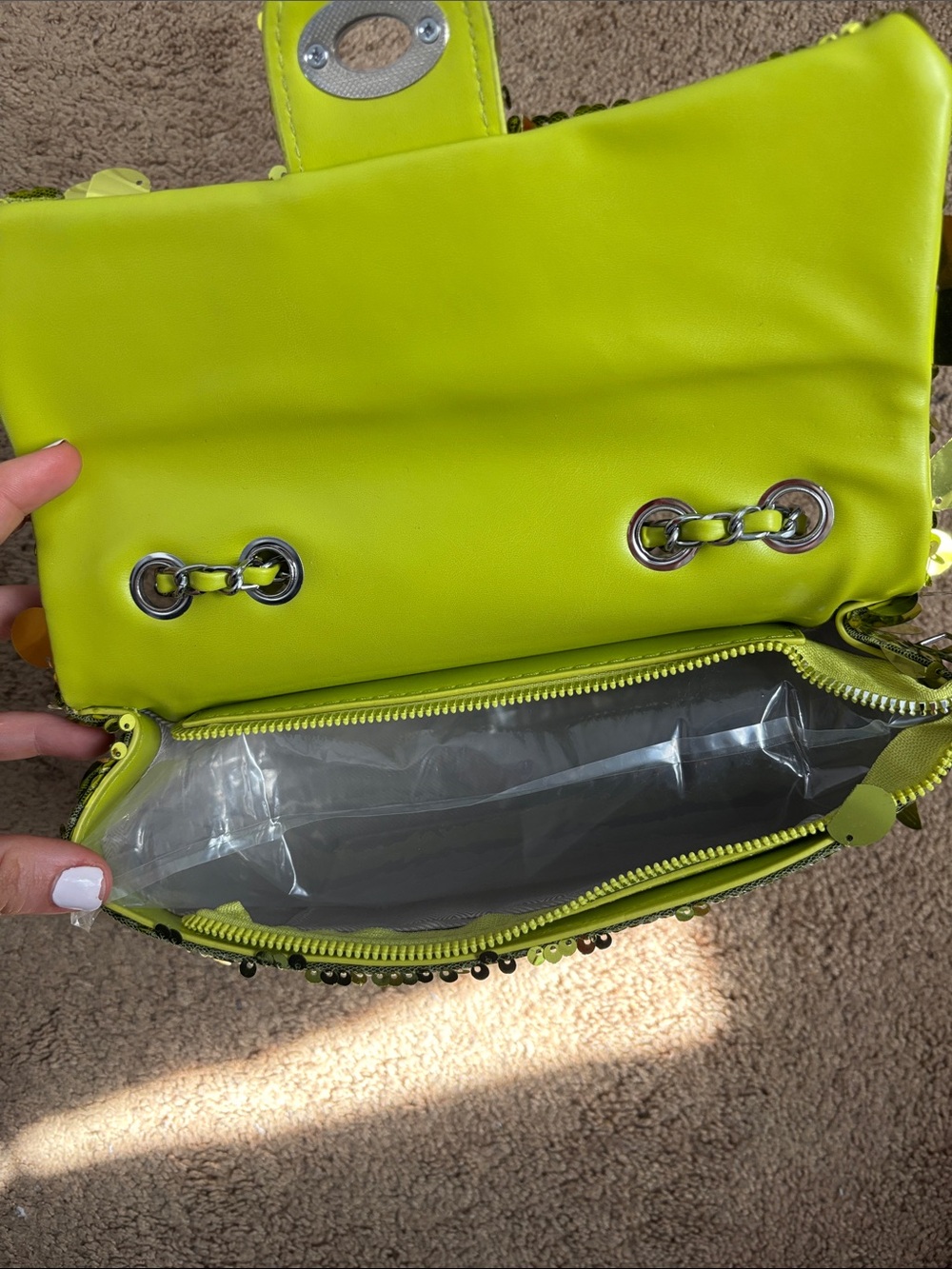 Sequined Y2K Lime Green Chain Shoulder Bag - Picture 3 of 4